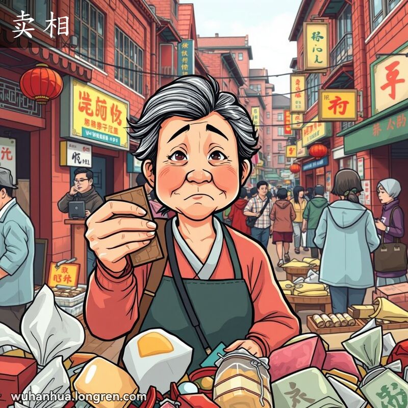 武汉市场中，一位中年妇女拿着一件略显破旧的物品，表情略带失望，背景是传统红砖建筑和五彩街头招牌。