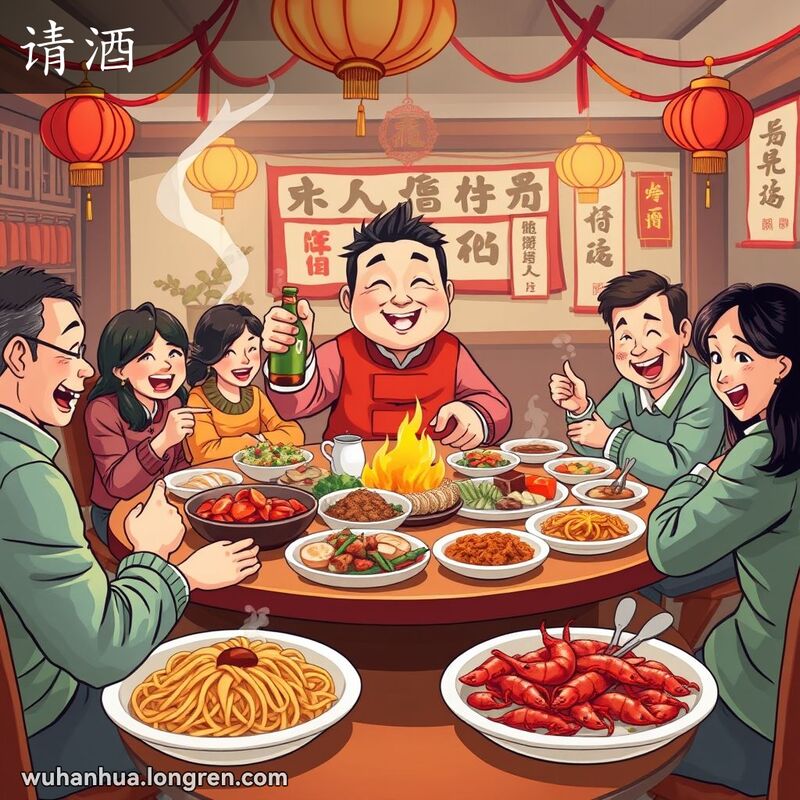 一群朋友在武汉餐馆聚会，主角手持白酒邀请客人共饮，背景是传统装饰和武汉美食