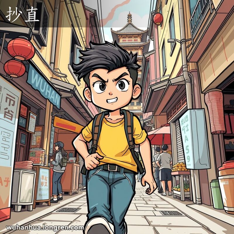 一位年轻人在武汉的小巷中匆忙行走，背景是传统建筑和黄鹤楼，表现“抄直”的意思。