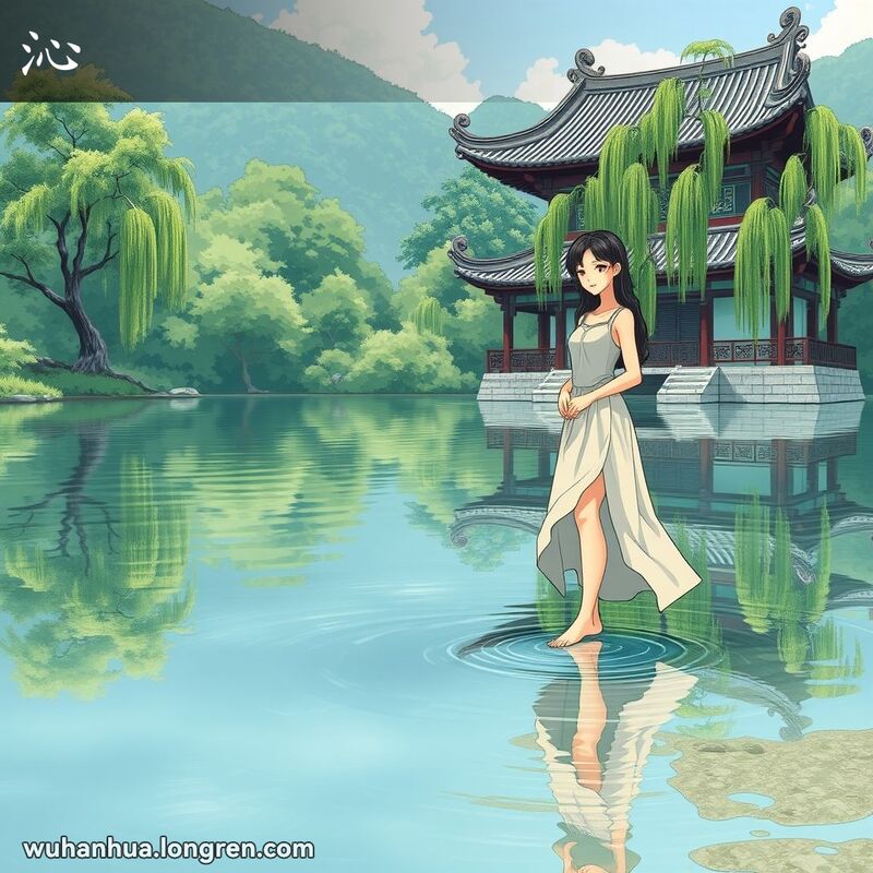 一位年轻女子站在湖边，脚部浸入水中，水波荡漾，背景是古典建筑和垂柳