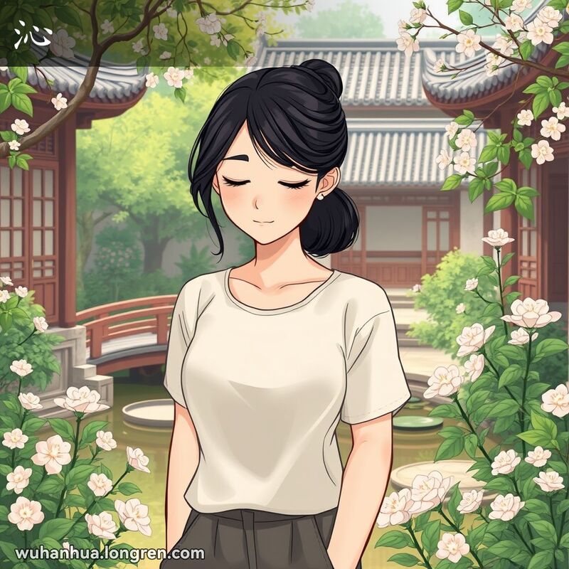 一位年轻的武汉女子在庭院中微微低头，闭眼深思，背景是宁静的池塘和中式建筑