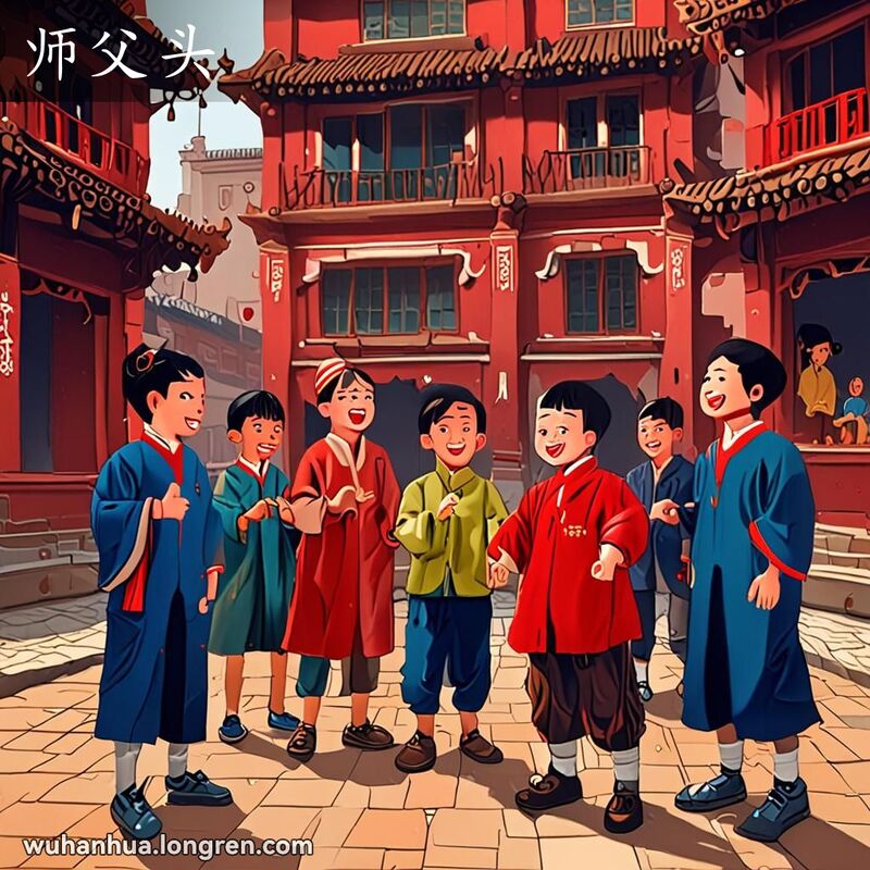 一群孩子在武汉老院子里玩耍，其中一个孩子带头，其他孩子崇拜地看着他，背景是武汉老城区建筑