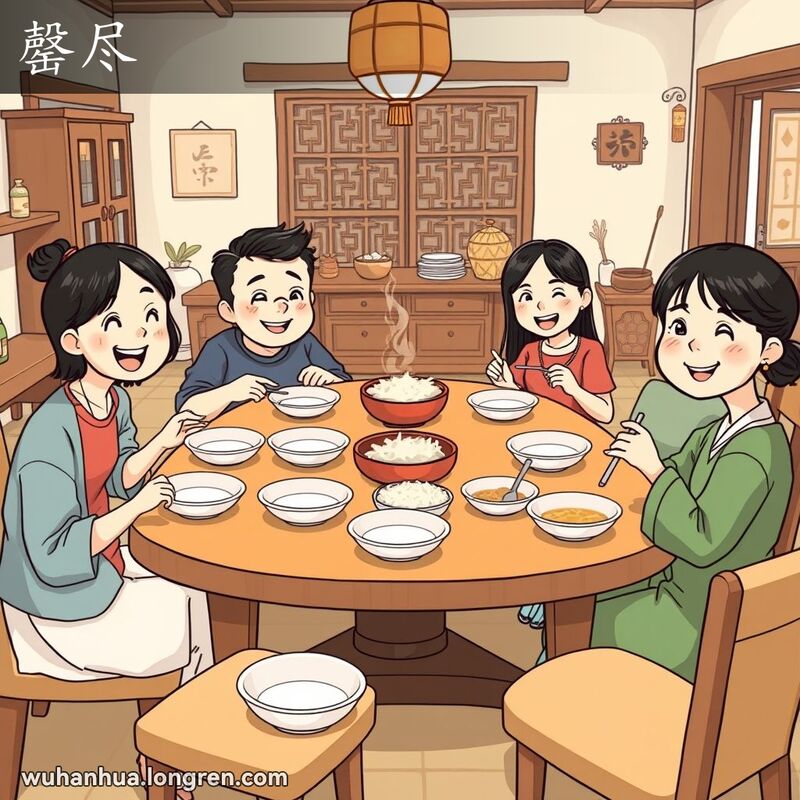 一个武汉家庭围坐在餐桌旁，桌上的盘子和碗都空了，表明所有的饭菜都已经被吃光。