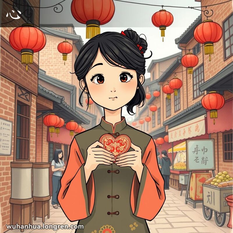 一位年轻女子手持心形饰品，站在武汉老街背景前，表情若有所思。