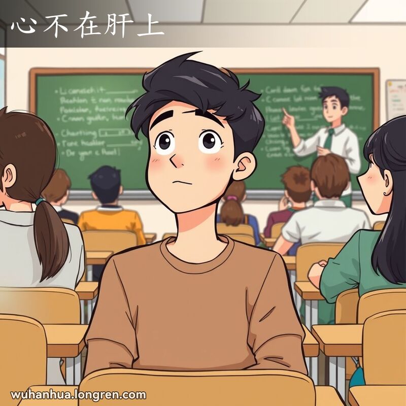 一位年轻男子在教室里走神，望着窗外，背景是教室场景，老师在讲课