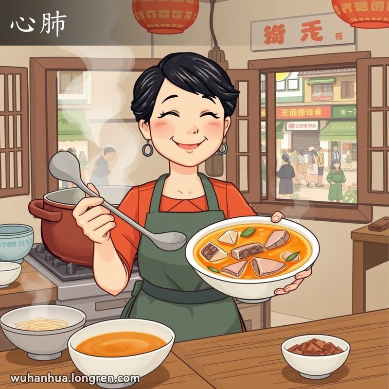 一位中年妇女在武汉厨房中，手持一碗煮好的猪肺汤，背景是温馨的家庭场景。