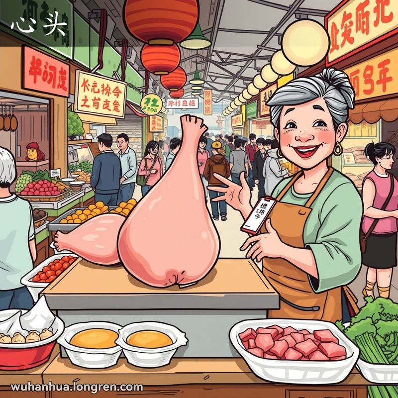 武汉市场摊位上展示新鲜猪心，摊主微笑邀请顾客购买，背景是热闹的市场场景