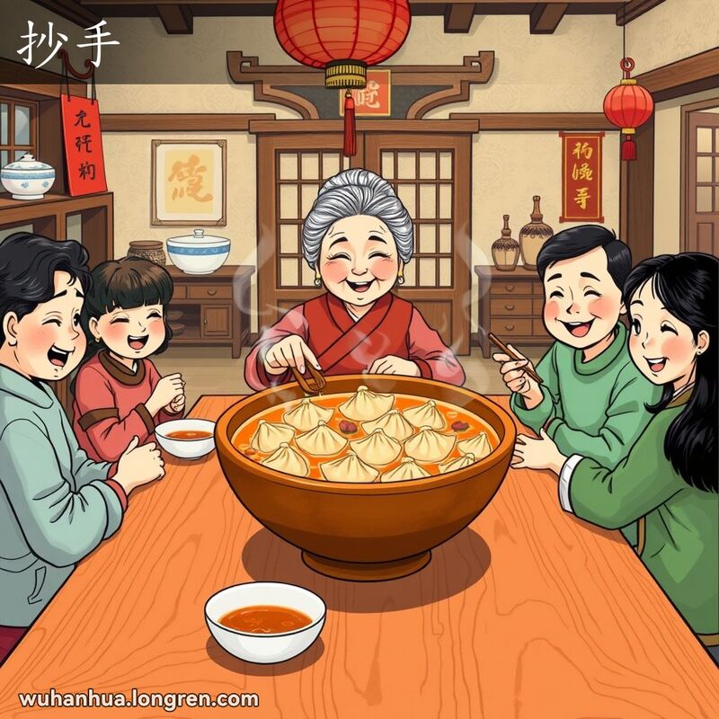 一个温馨的武汉厨房，一家人围坐在桌旁享用热气腾腾的抄手汤，奶奶微笑着为家人分抄手。
