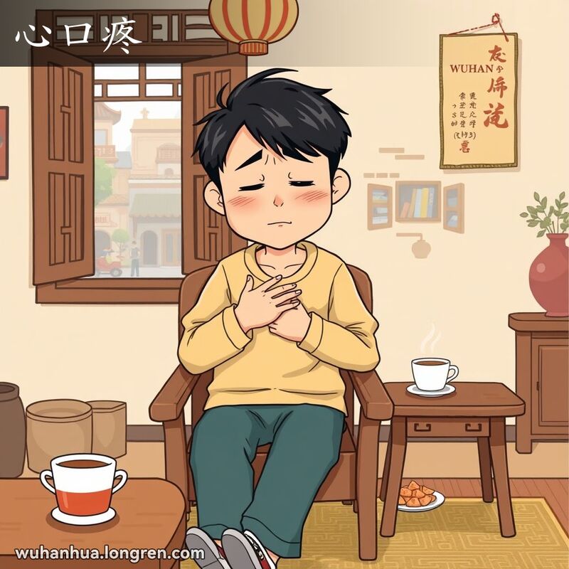 一位武汉市民坐在椅子上，手捂胸口，面露痛苦的表情，背景是传统中式家庭环境