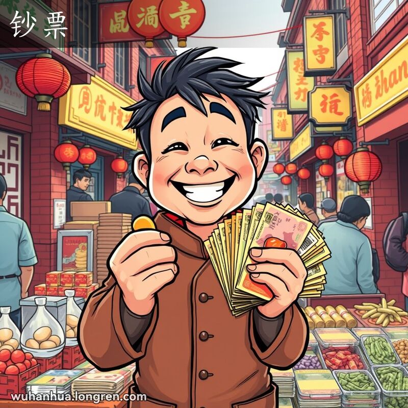 一位武汉小贩在街头摊位前手持一叠纸币，背景是繁忙的老街市场
