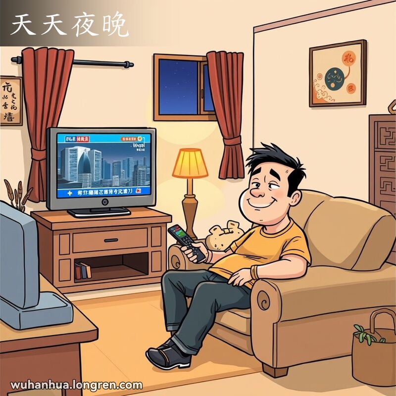 一位武汉男子在客厅沙发上看电视，享受每晚的习惯，背景是温馨的家庭氛围和夜晚的星空