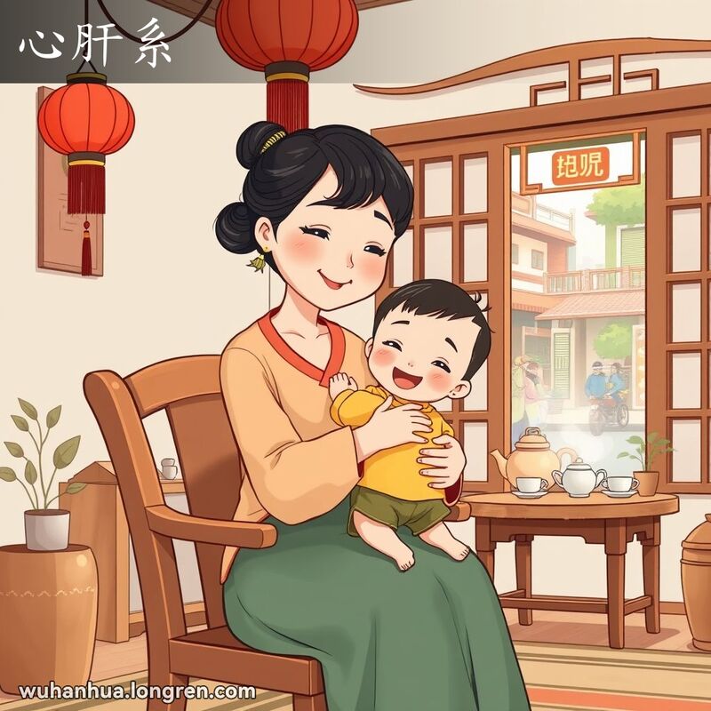一位母亲在温馨的客厅里抱着孩子，脸上露出深情和保护的表情，孩子开心地笑着，背景是传统的中式装饰和武汉街景。