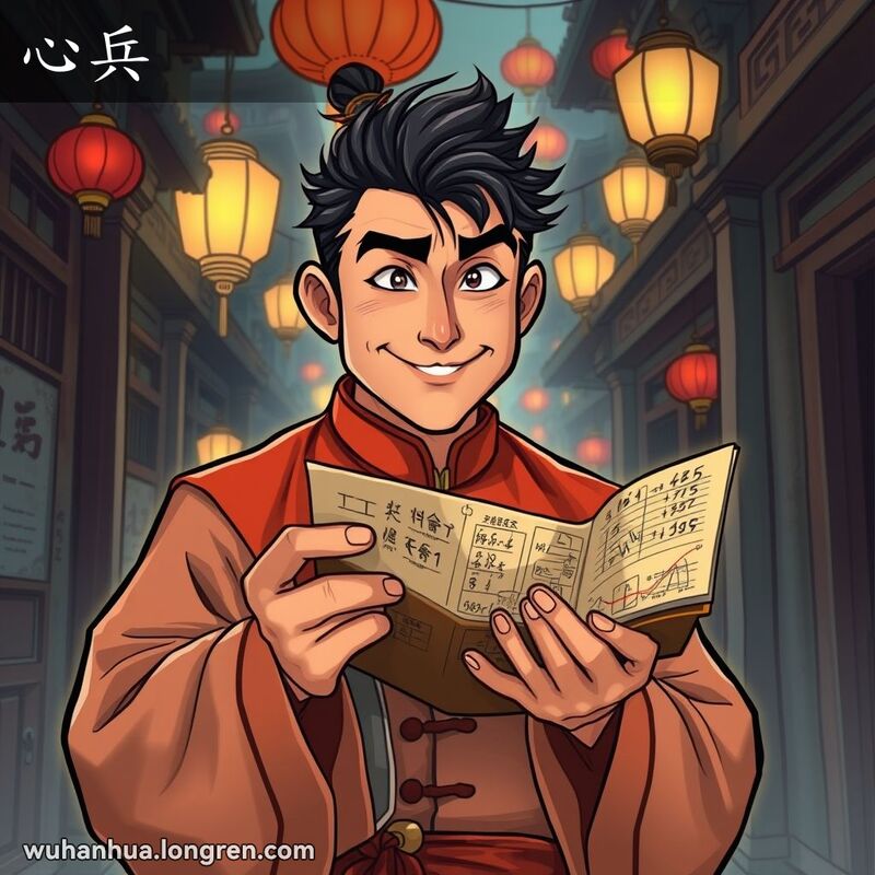 一位穿着传统中国服饰的武汉男子站在昏暗的巷子里，手持小笔记本，脸上带着狡猾的笑容，背景是武汉老街景