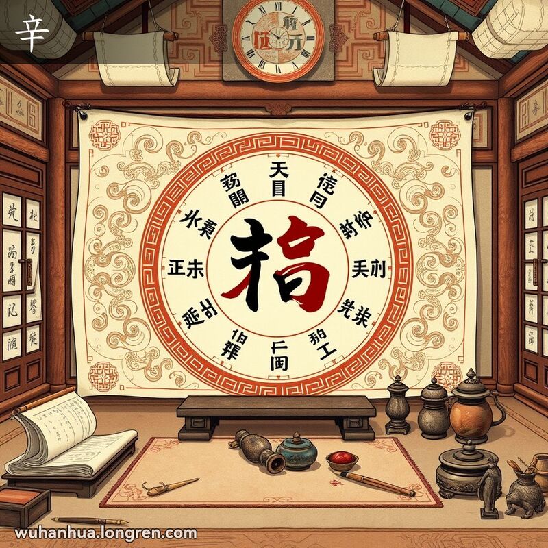 传统中国历法页面，中央显示天干第八位“辛”，背景有复杂图案和古代书房元素