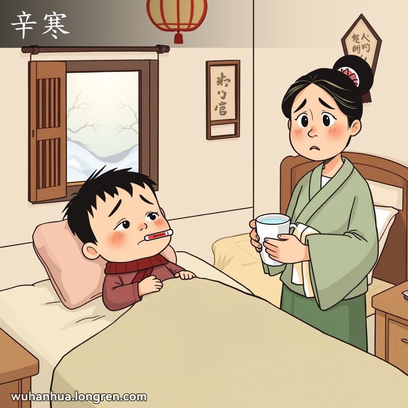 一位母亲站在病床旁，孩子躺在床上，口中含着体温计，母亲表情担忧，手拿热水和毛巾，窗外是寒冷的冬景