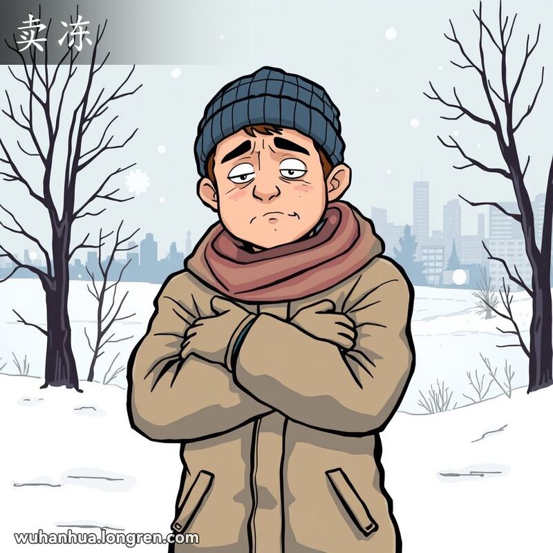 一个人在寒冷的冬天户外，穿着厚重的冬衣，双臂紧抱，嘴里呼出白气，背景是冬天的景象，表现出寒冷和忍耐。