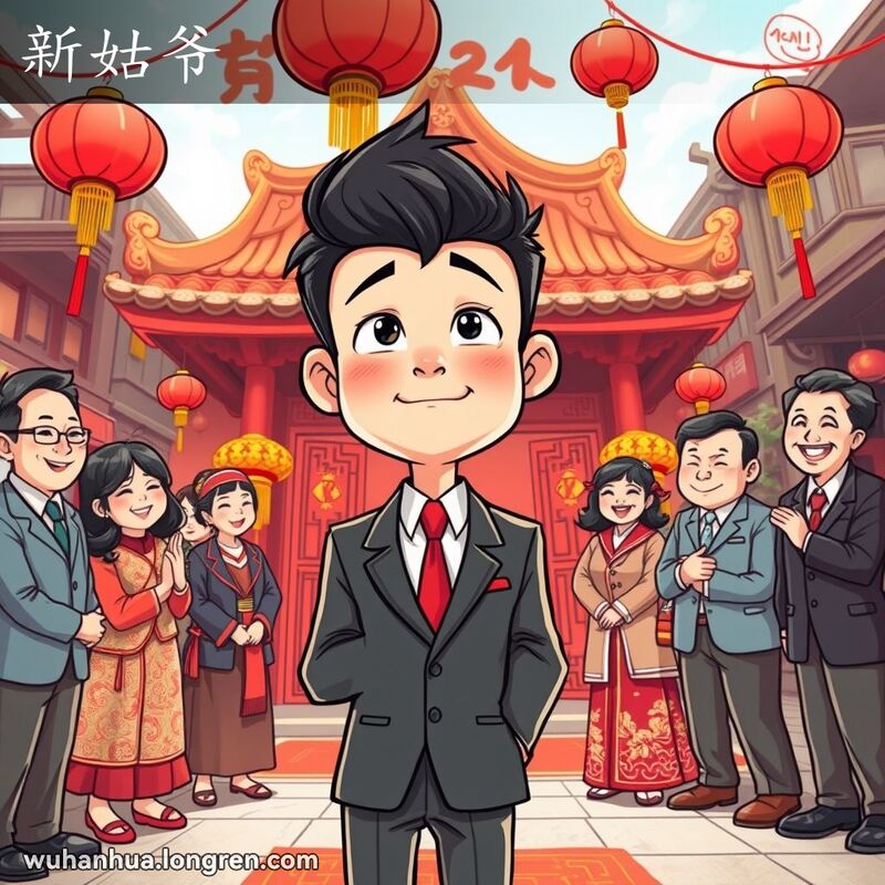 一位年轻的新郎站在装饰华丽的婚礼大厅前，周围是亲友的祝福和微笑，背景是武汉的老街景