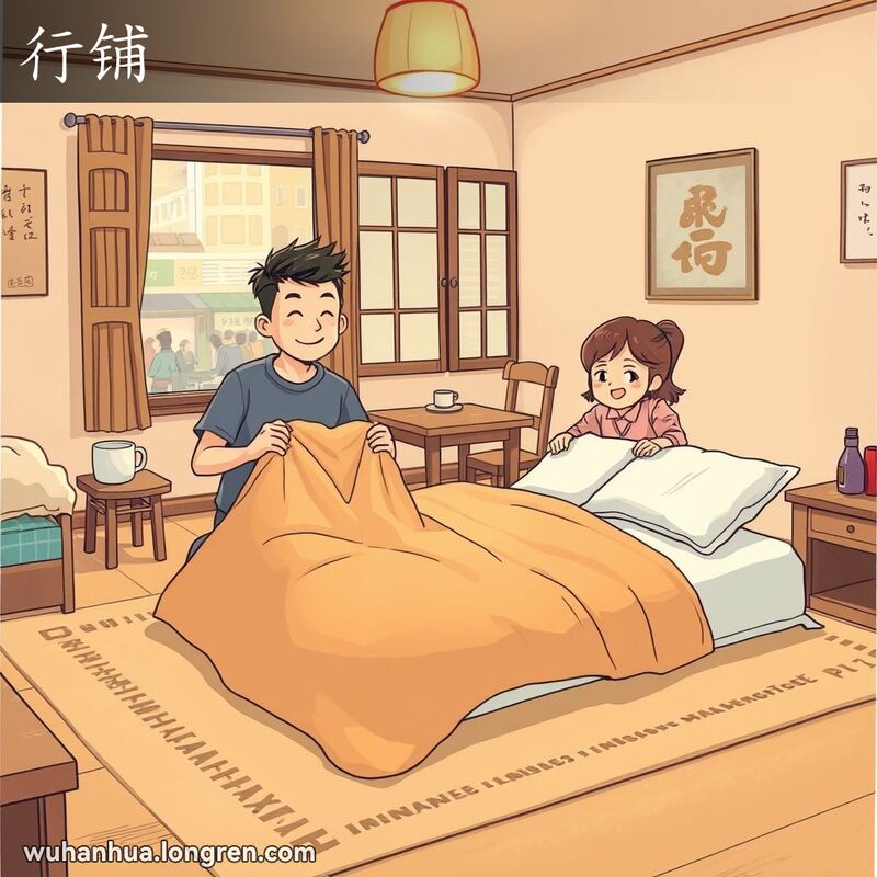 一对武汉市民在家中临时搭建一张床，男子拿着被子，女子调整枕头，背景是温馨的家庭环境
