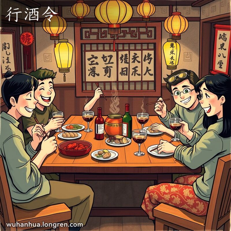 一群朋友围坐在桌旁进行酒令游戏，其中一人因输掉游戏而饮酒作为惩罚，背景有传统中国装饰。