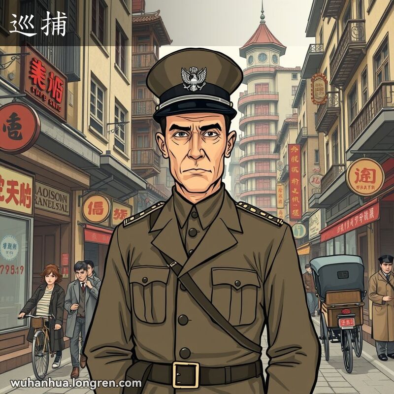 一位穿着殖民时期制服的外国警察在上海老街上巡逻，背景有老式人力车和穿着传统服装的行人。