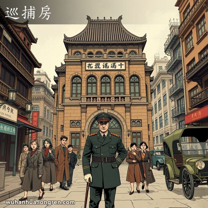 武汉旧时街景，殖民时期警察局前的外国警官和当地居民，背景有老式街灯和人力车