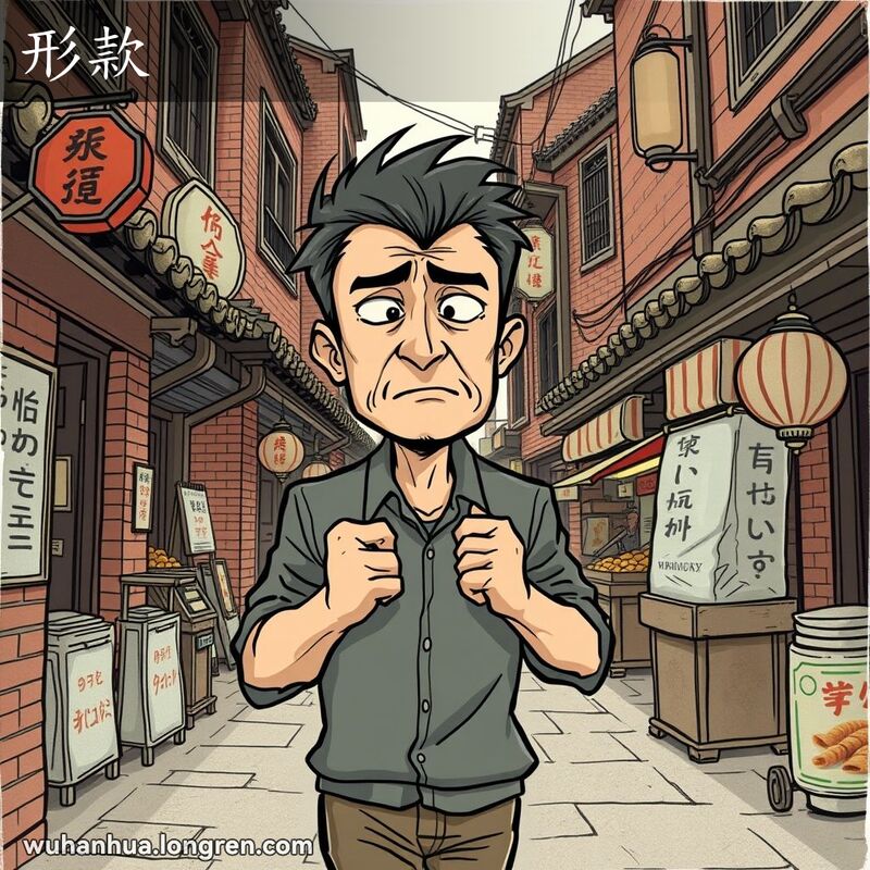 一位男子在武汉老街上行走，举止和神色显得不对劲，背景是武汉老街景
