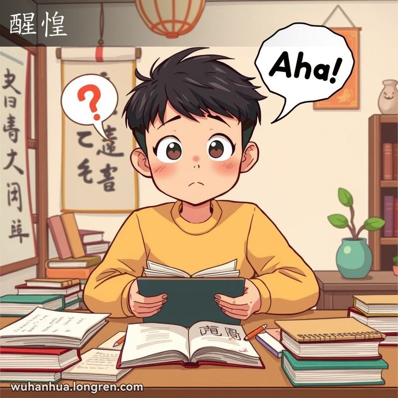 一个年轻人坐在书桌前，突然恍然大悟的表情，背景是温馨的书房