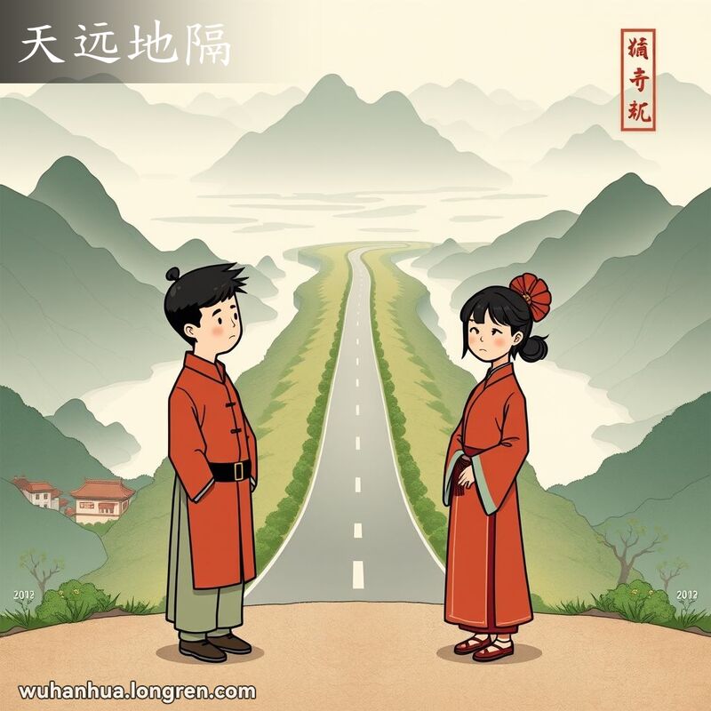 两人分别站在武汉和襄阳，中间隔着长路，背景是中国山水画，象征天远地隔