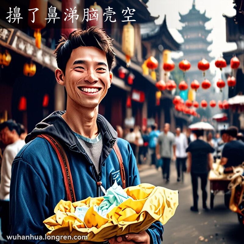 一位年轻男子在武汉街头擤鼻涕，脸上露出轻松的表情，背景是武汉的传统建筑和街头小贩