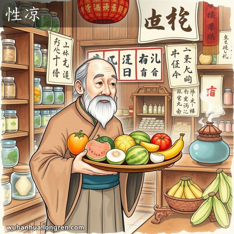 一位老店主在中药店内向顾客展示柿子、西瓜、皮蛋和香蕉，背景有中药海报和香案