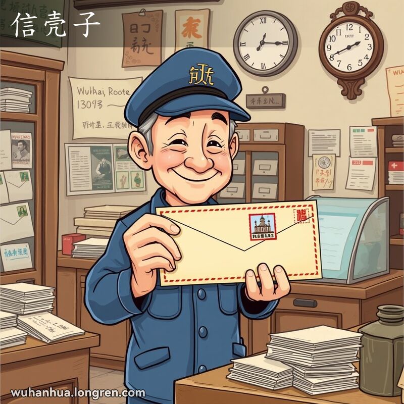 一位老邮递员在武汉老邮局柜台前手持信封，背景有旧海报和邮票