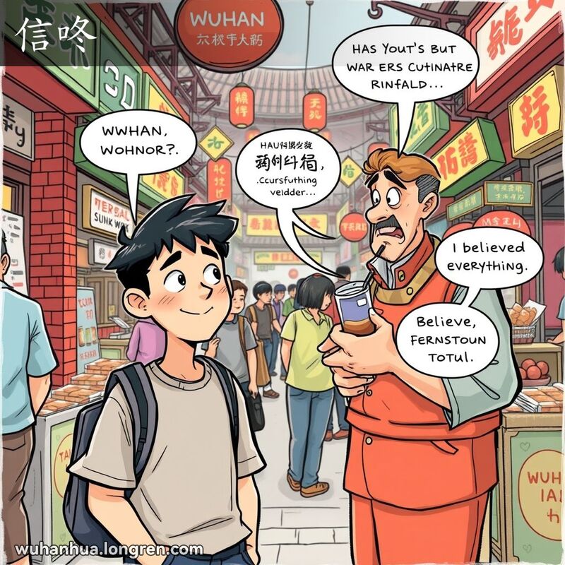 一位年轻的武汉市民在市场中被小贩哄骗，露出轻信的表情，背景是武汉老街景