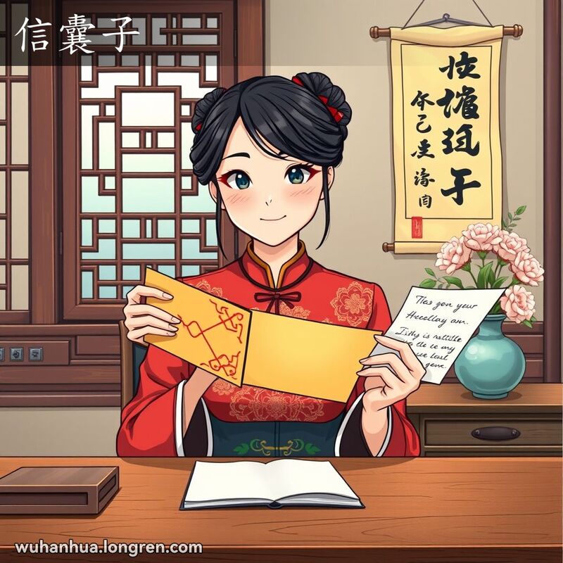 一位年轻女子坐在古色古香的书房中，手持信封和信，背景有中式窗棂和书法挂轴