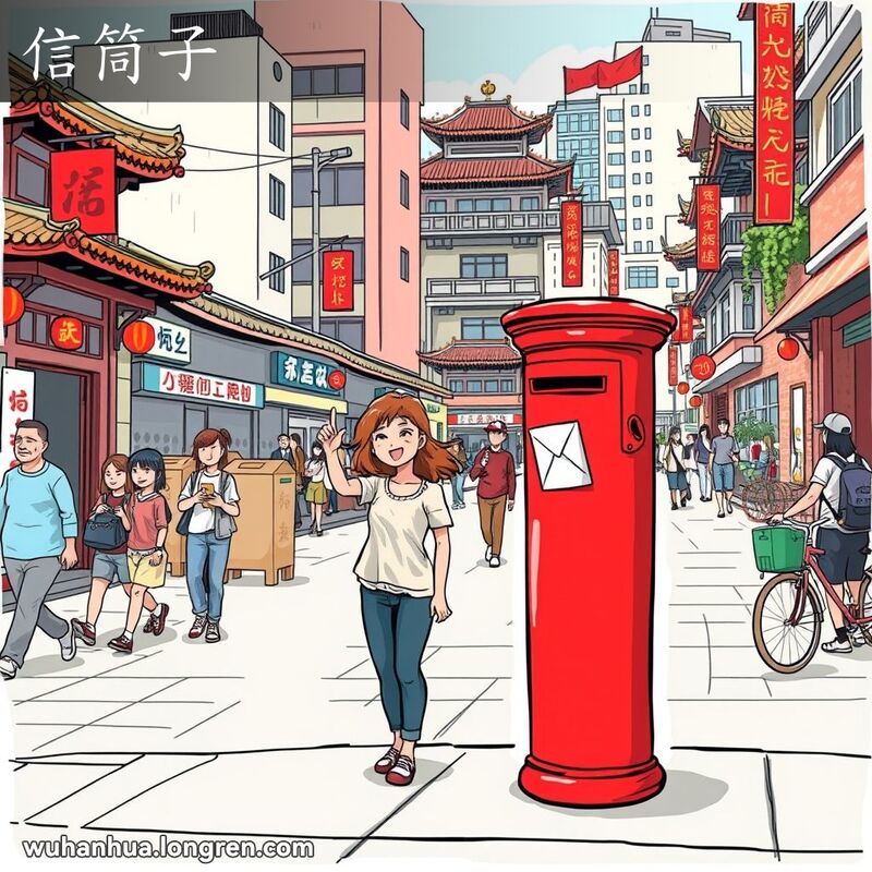 一位女士在武汉街头将信封投入红色信筒子，背景是行人和混合建筑