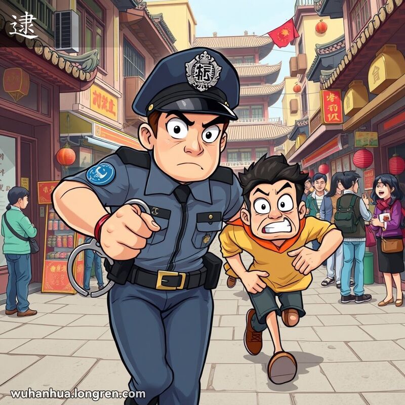 一位警察在武汉街头追捕小偷，背景是热闹的市场和围观的行人