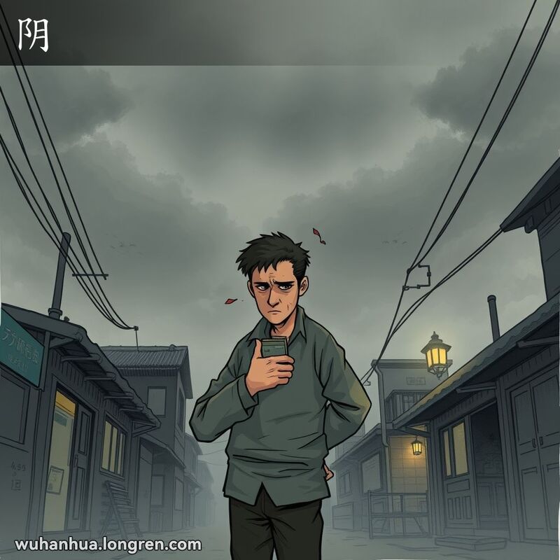 阴云密布的武汉街景，一位男子脸色阴沉，手中藏着小盒子，背景是昏暗的老巷子。