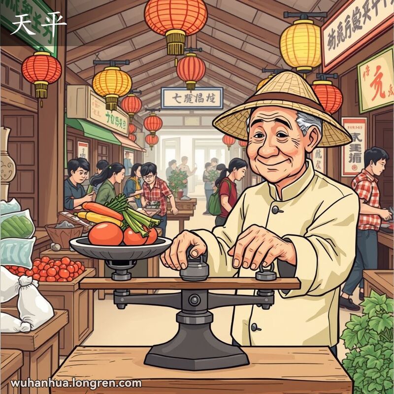 一位武汉老人在传统市场中使用天平称蔬菜，背景有其他摊贩和顾客