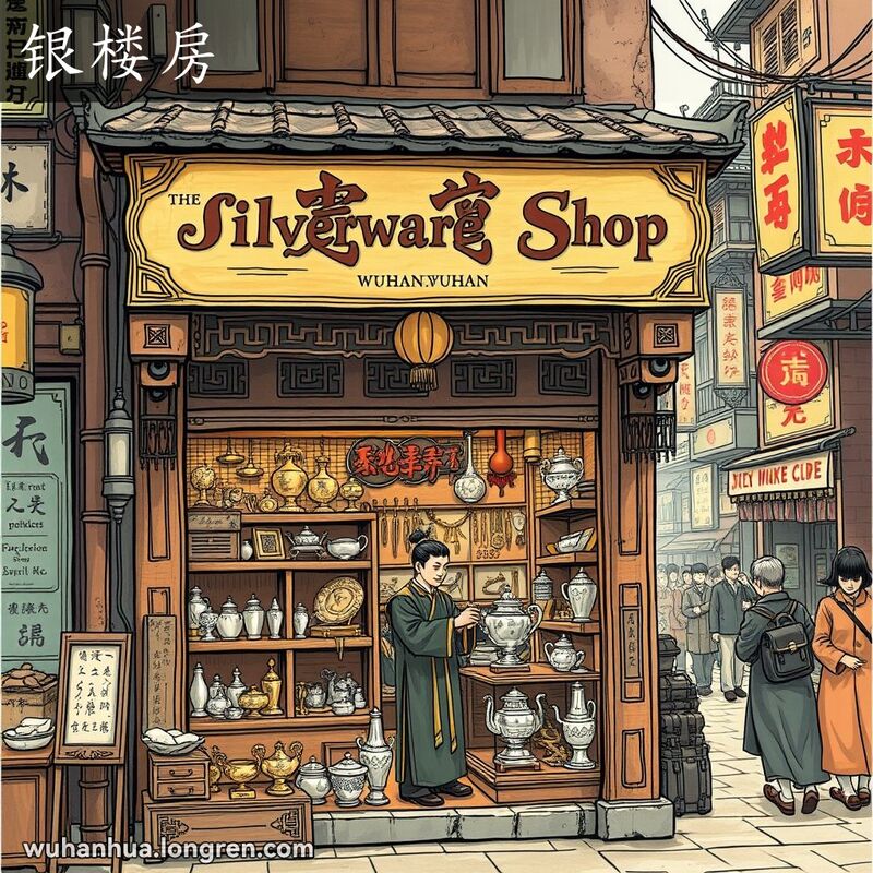 武汉老街上的银楼房，店主在店内擦拭银壶，背景有其他老店和行人