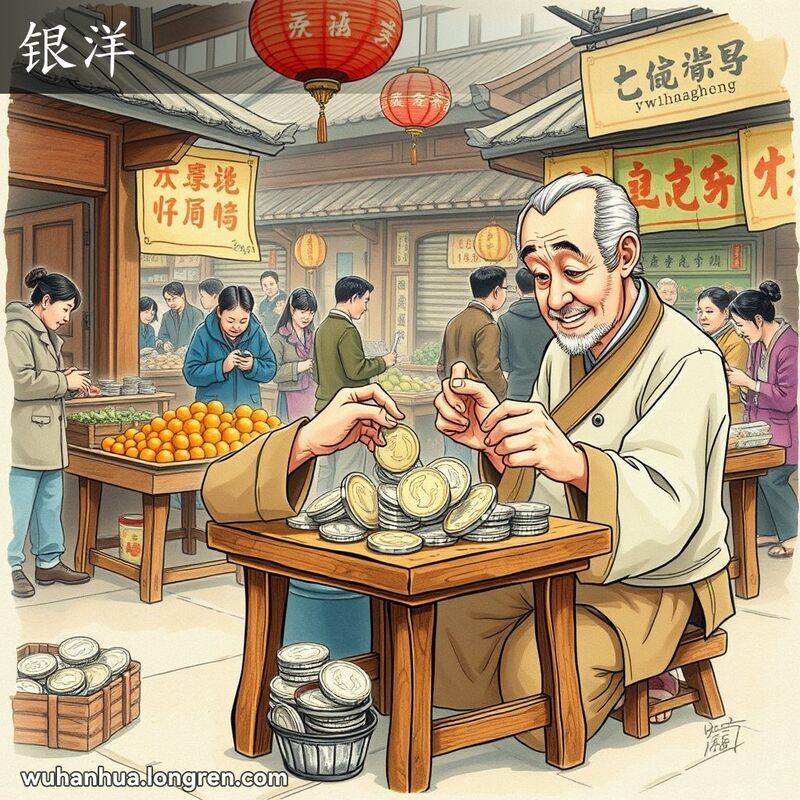 旧武汉市场中，一位商贩在数银元，背景有其他摊贩和顾客。