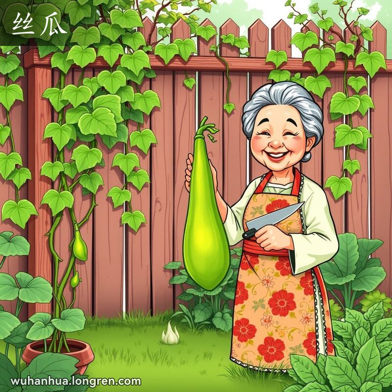 一位武汉奶奶在花园里手持丝瓜和菜刀，背景有丝瓜藤架和其他蔬菜