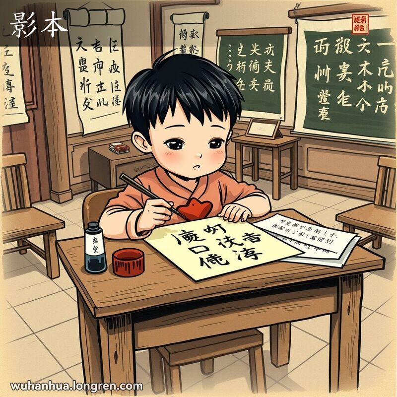 一位小学生在传统教室里，手持毛笔，按照影本上的字迹练习书写。