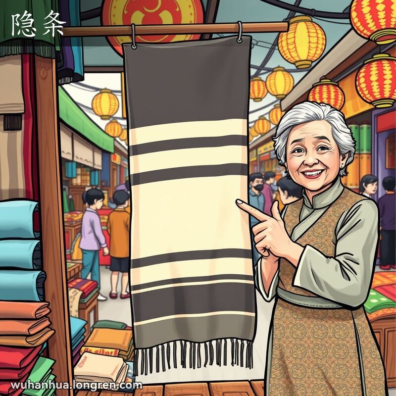 武汉布料市场摊位展示条纹布料，摊主微笑指向布料，背景是热闹的市场场景。