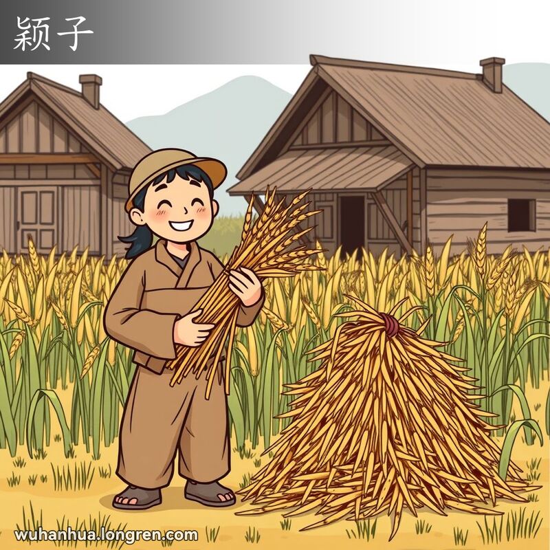 一位武汉农民站在田野旁，手持稻草和麦秆，旁边是用作燃料的稻麦外壳和秆子碎屑，体现了“颖子”的含义。