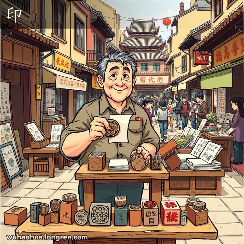 一位中年男子在武汉街市手持印章和纸张，背景有印刷机和传单书籍，展示“印”的含义