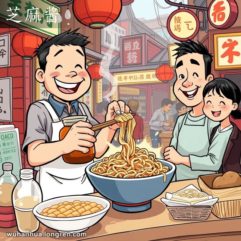 武汉街头小贩正在为热干面添加芝麻酱，顾客满怀期待地看着，背景是武汉老街景