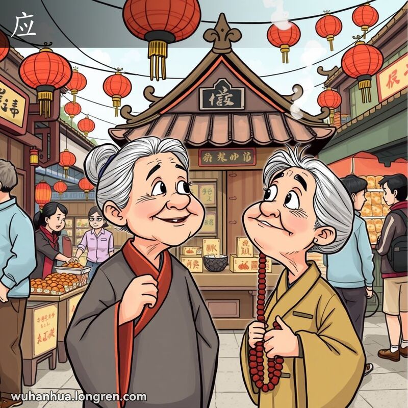 一位武汉老妇人站在小庙前，手持佛珠，露出满意和感恩的表情，背景是热闹的传统市场。