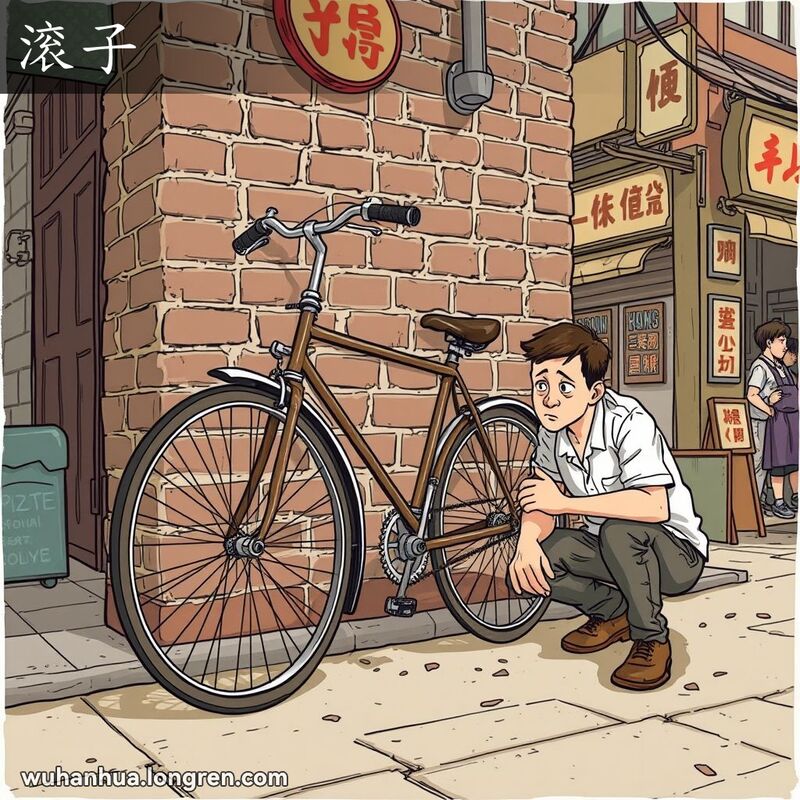 一辆老式自行车靠在武汉老街的红砖墙边，车轮需要修理，一位男子蹲在旁边检查。