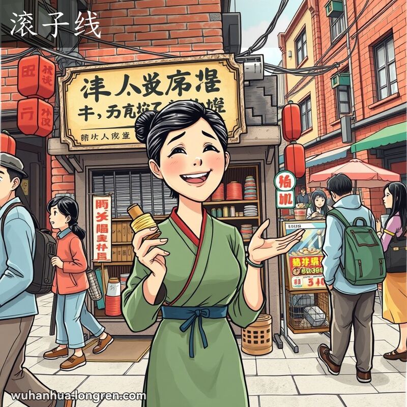 一位武汉妇女手持缝纫线站在老式缝纫店前，背景是繁忙的武汉街道，画面生动怀旧。