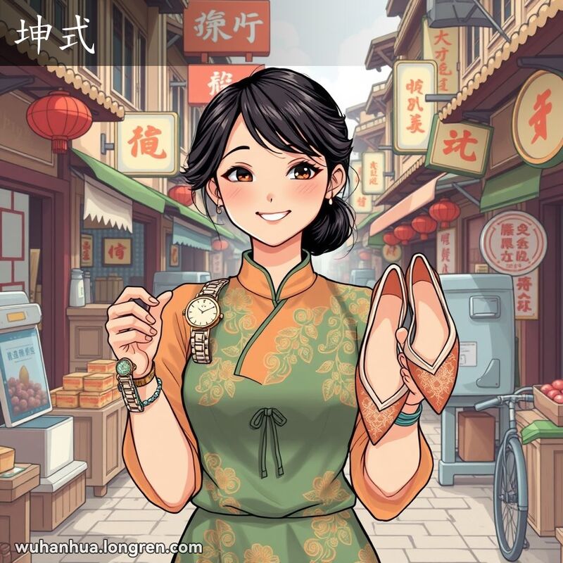 一位年轻女子在武汉老街市场展示女式手表和布鞋，背景有老建筑和小摊贩