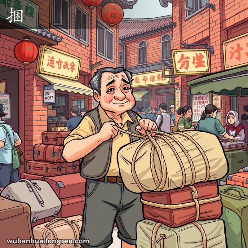 一位中年男子在武汉市场中用绳子捆绑行李，背景是忙碌的市场景象